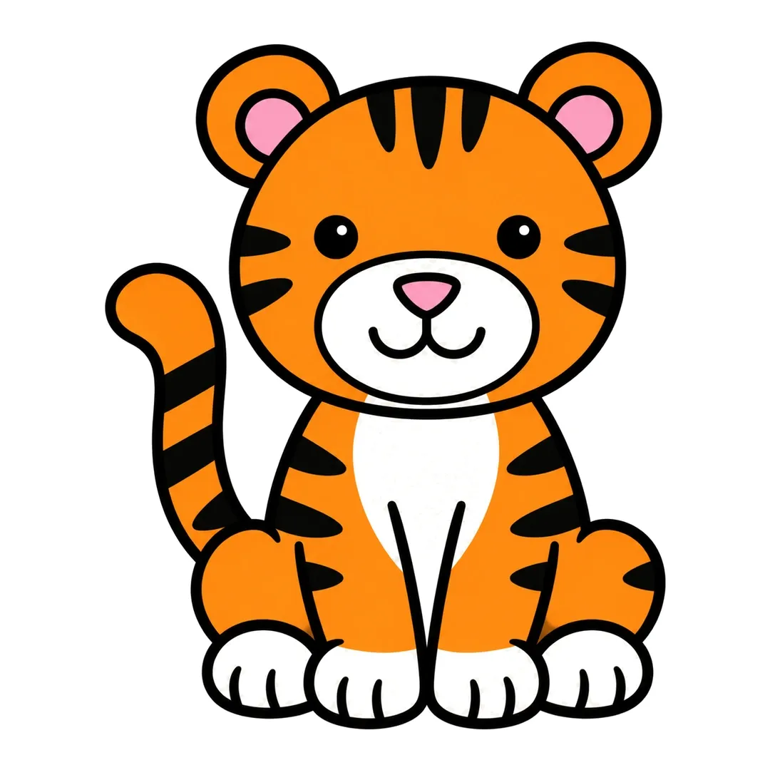 Finished cartoon tiger sitting, orange with black stripes, a white muzzle, chest and paws, a pink nose and pink inner ears