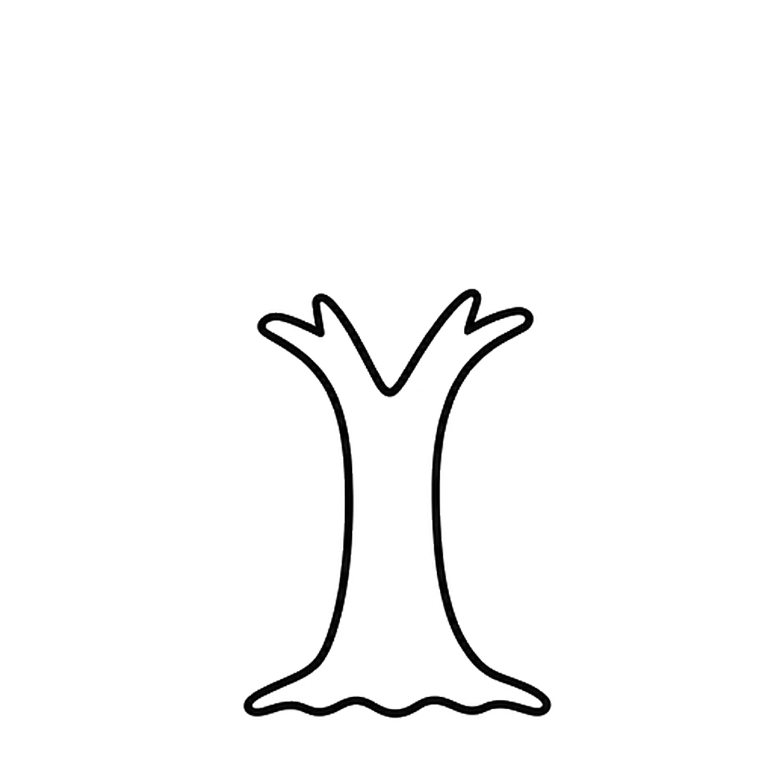 A tall tree trunk that splits into two short branches at the top, with a wavy root line at the bottom
