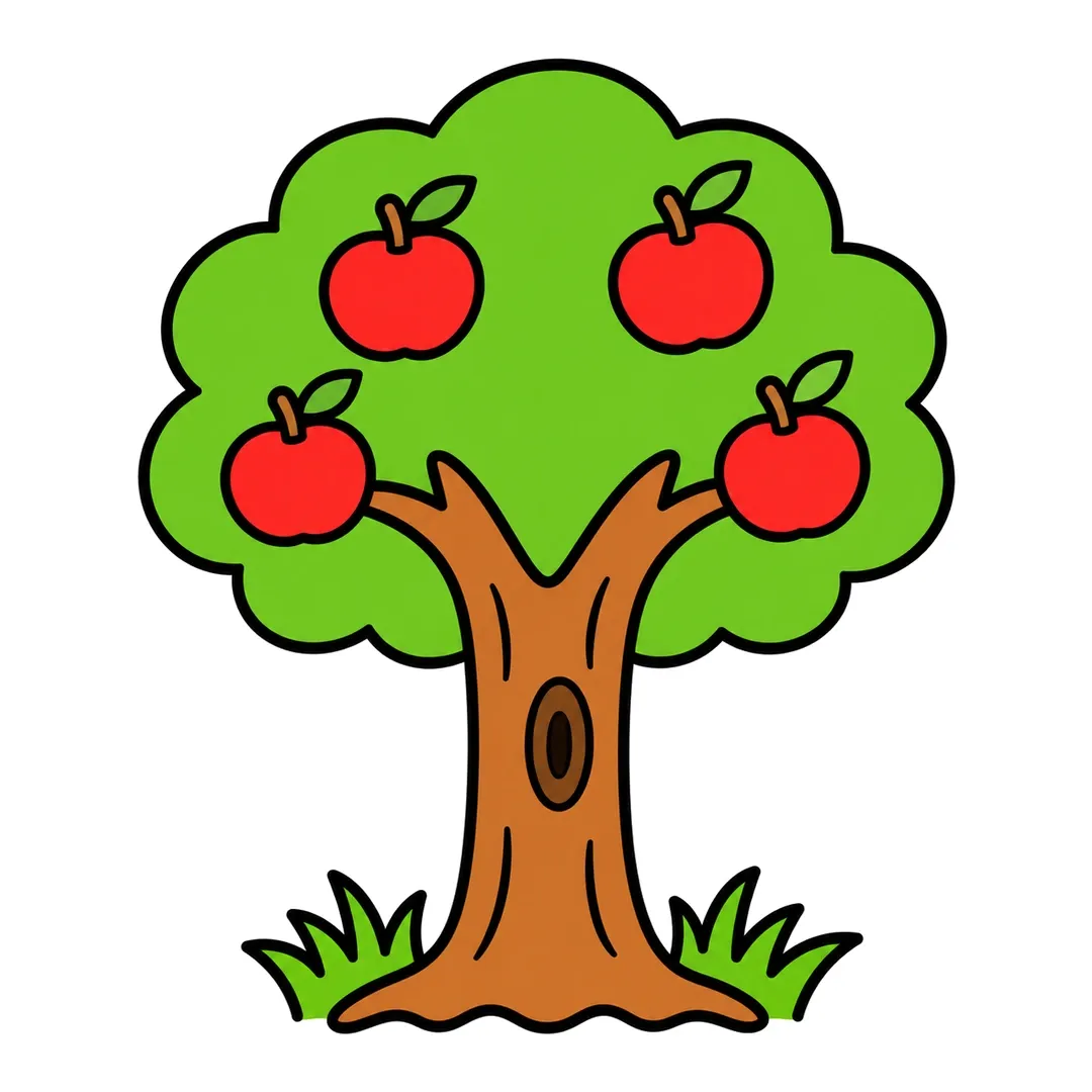 Finished cartoon apple tree with a green fluffy crown, a brown trunk, four red apples and green grass