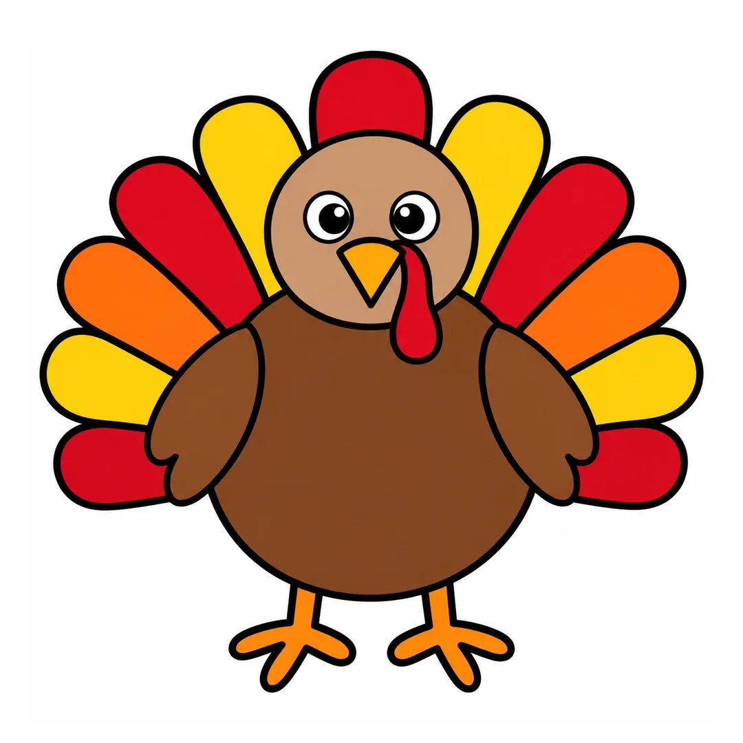 Finished cartoon turkey with a brown body, red snood and red, orange and yellow tail feathers