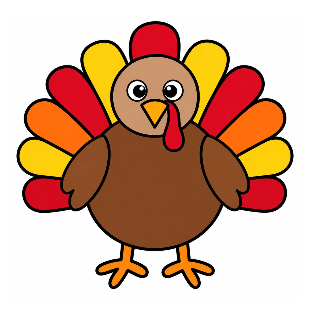 Finished cartoon turkey with a brown body, red snood and red, orange and yellow tail feathers