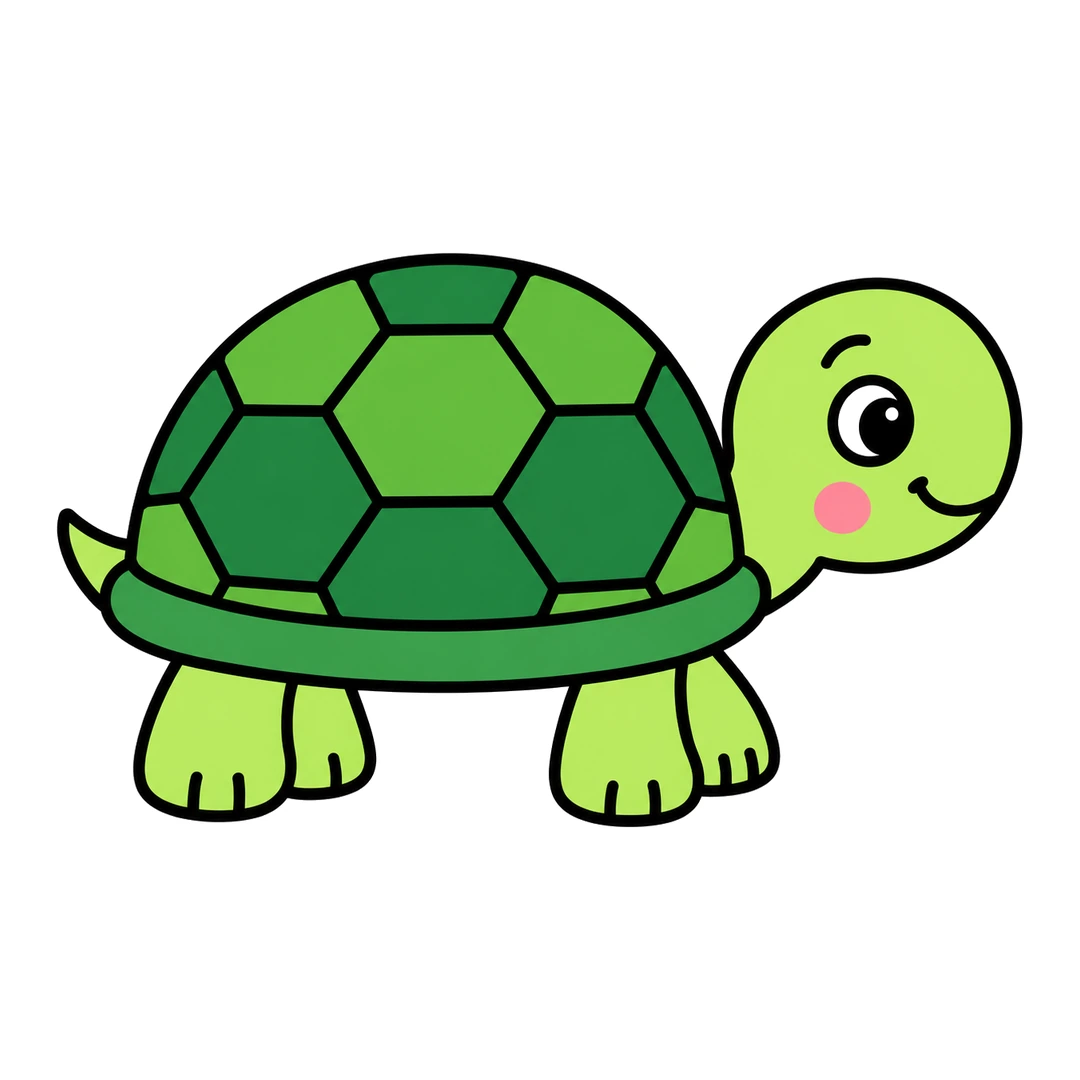 Finished cartoon turtle with dark green and green shell plates, a green rim, a light green head, legs and tail, and a pink cheek