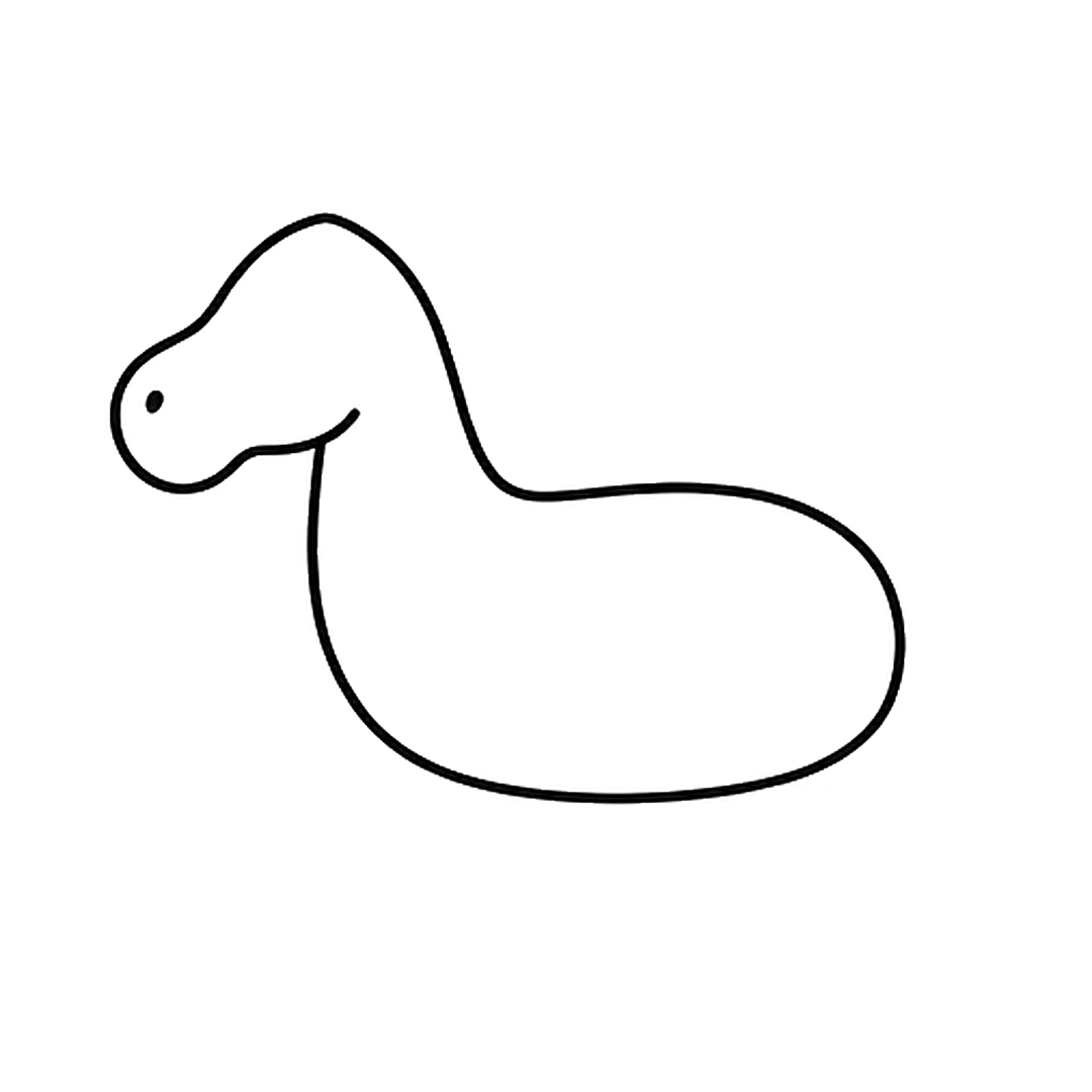 A neck rising from the left side of the body into a head with a rounded nose and a nostril dot