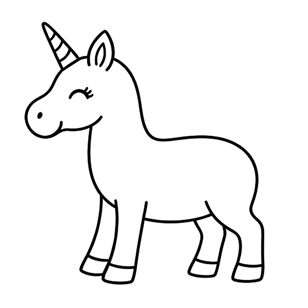 The head rounded on top, a striped horn, a pointed ear, a closed smiling eye with lashes and a smile