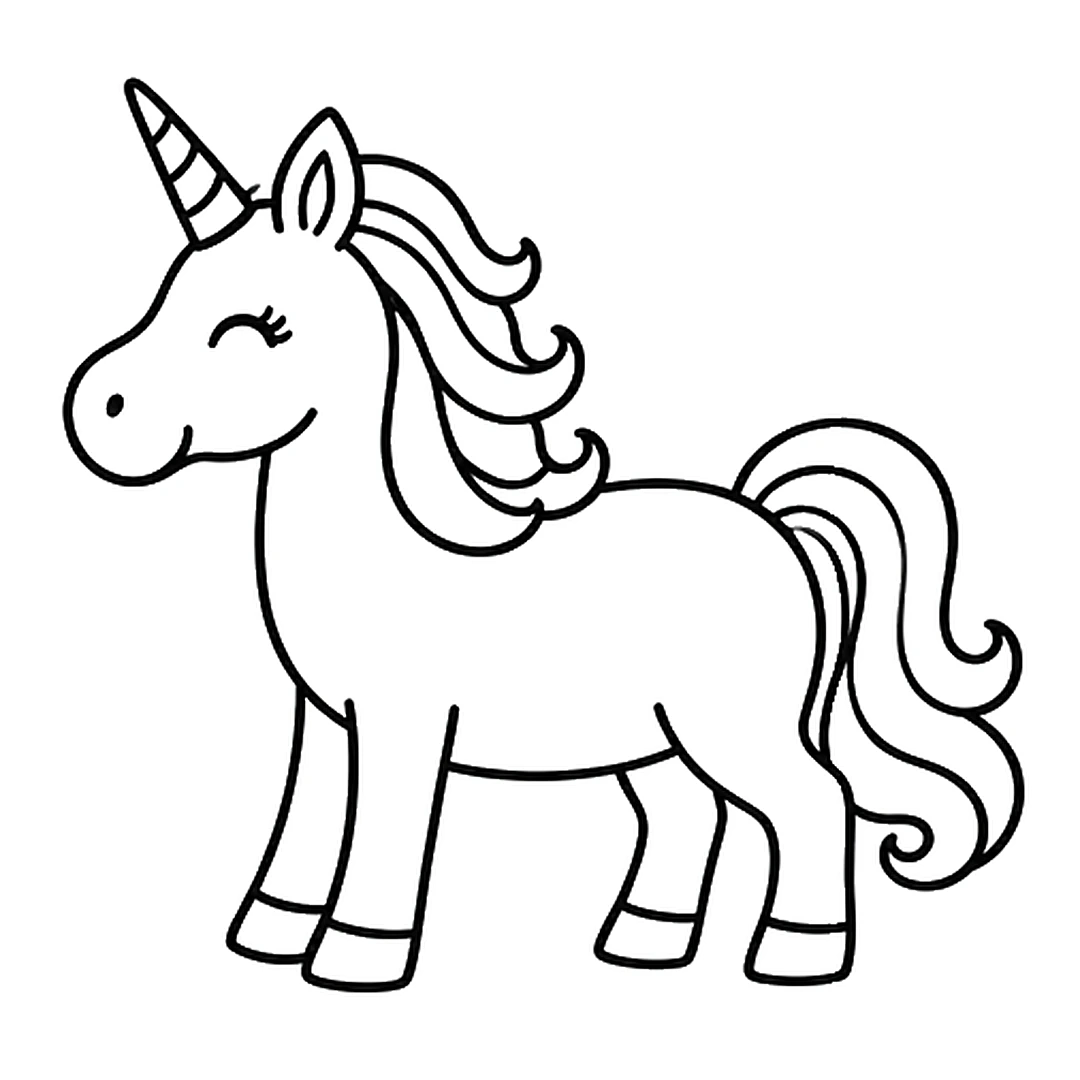 A wavy mane from between the horn and ear down the neck, and a long curly tail at the back of the body