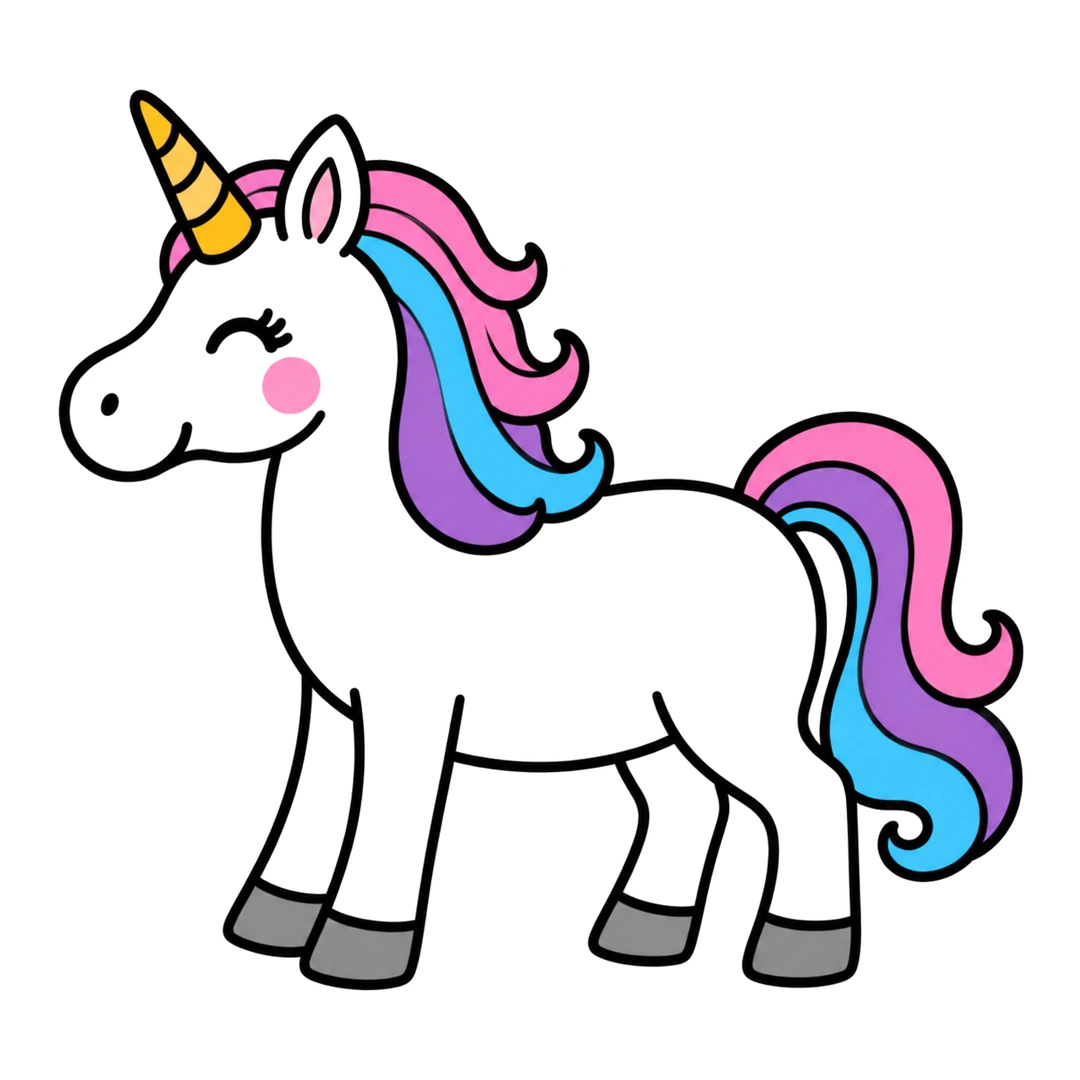 Finished cartoon unicorn, white with a gold horn, a pink, blue and purple mane and tail, gray hooves and a pink cheek and ear