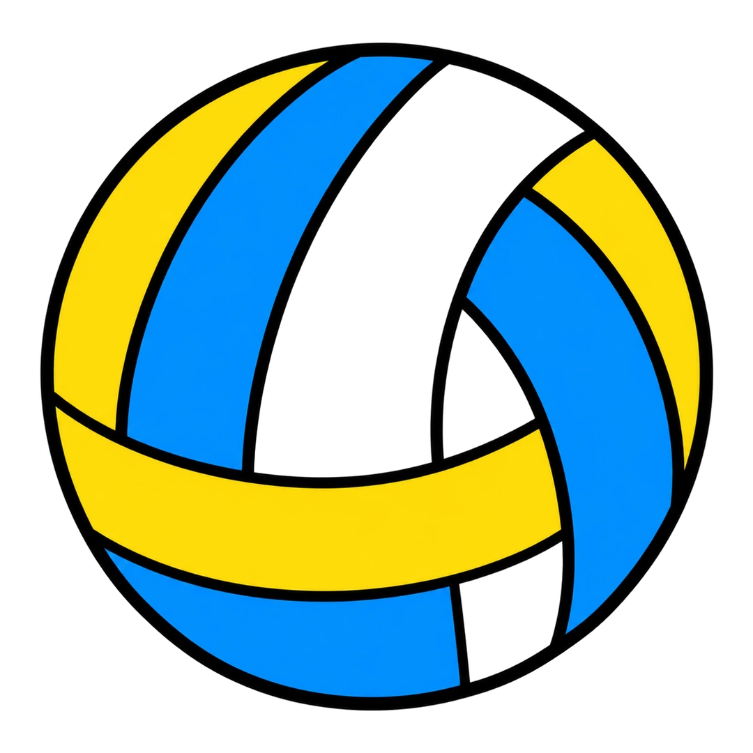 Finished cartoon volleyball with curved yellow, blue and white panels and a yellow band across the bottom