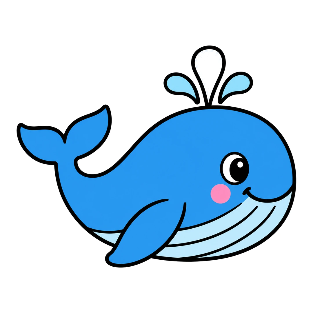Finished cartoon whale facing right, blue with a light blue striped belly, white eye, pink cheek and a white and light blue spout