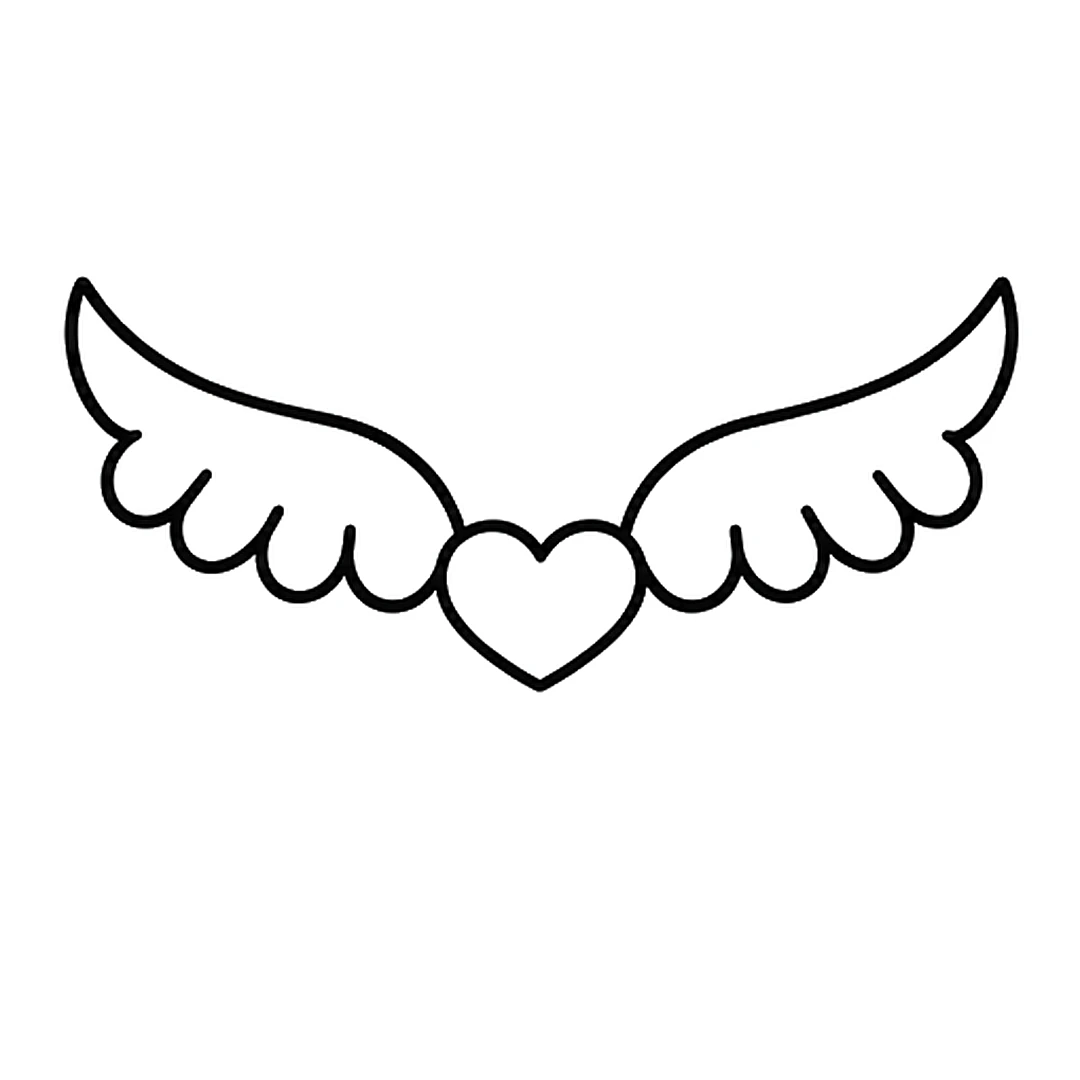 Four small round scallop feathers under each top edge, from its open end to the heart, closing each wing shape