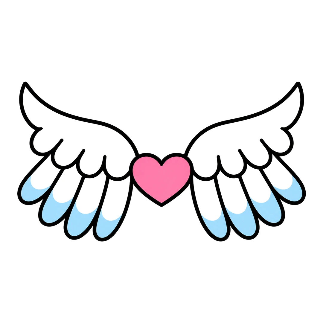 Finished cartoon angel wings spread open, white with light blue tips on the long feathers and a pink heart in the middle