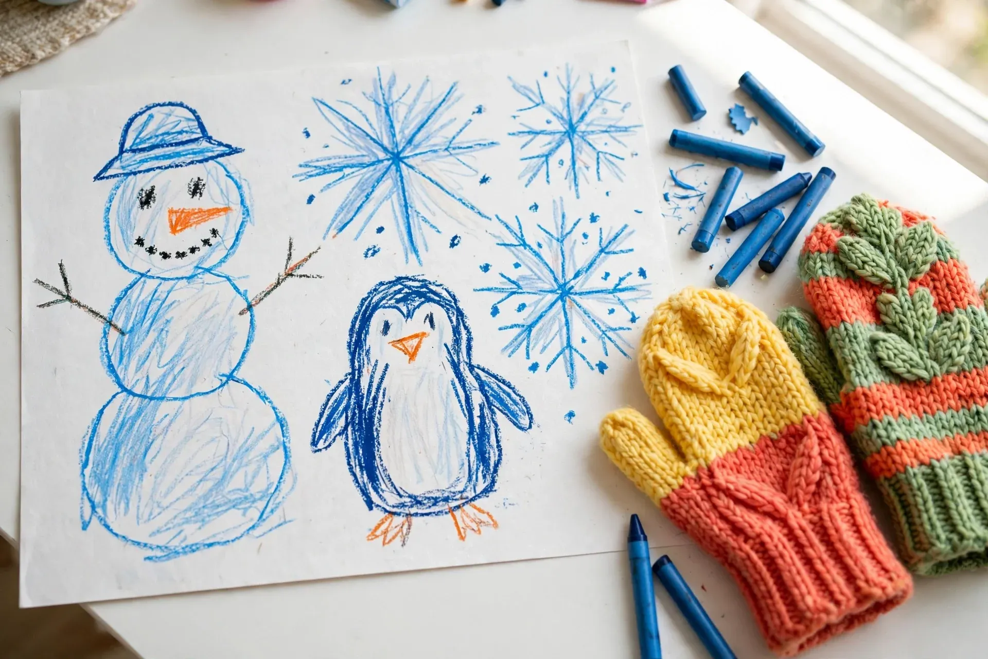 Children's winter drawings of a snowman, a penguin and snowflakes next to knitted mittens