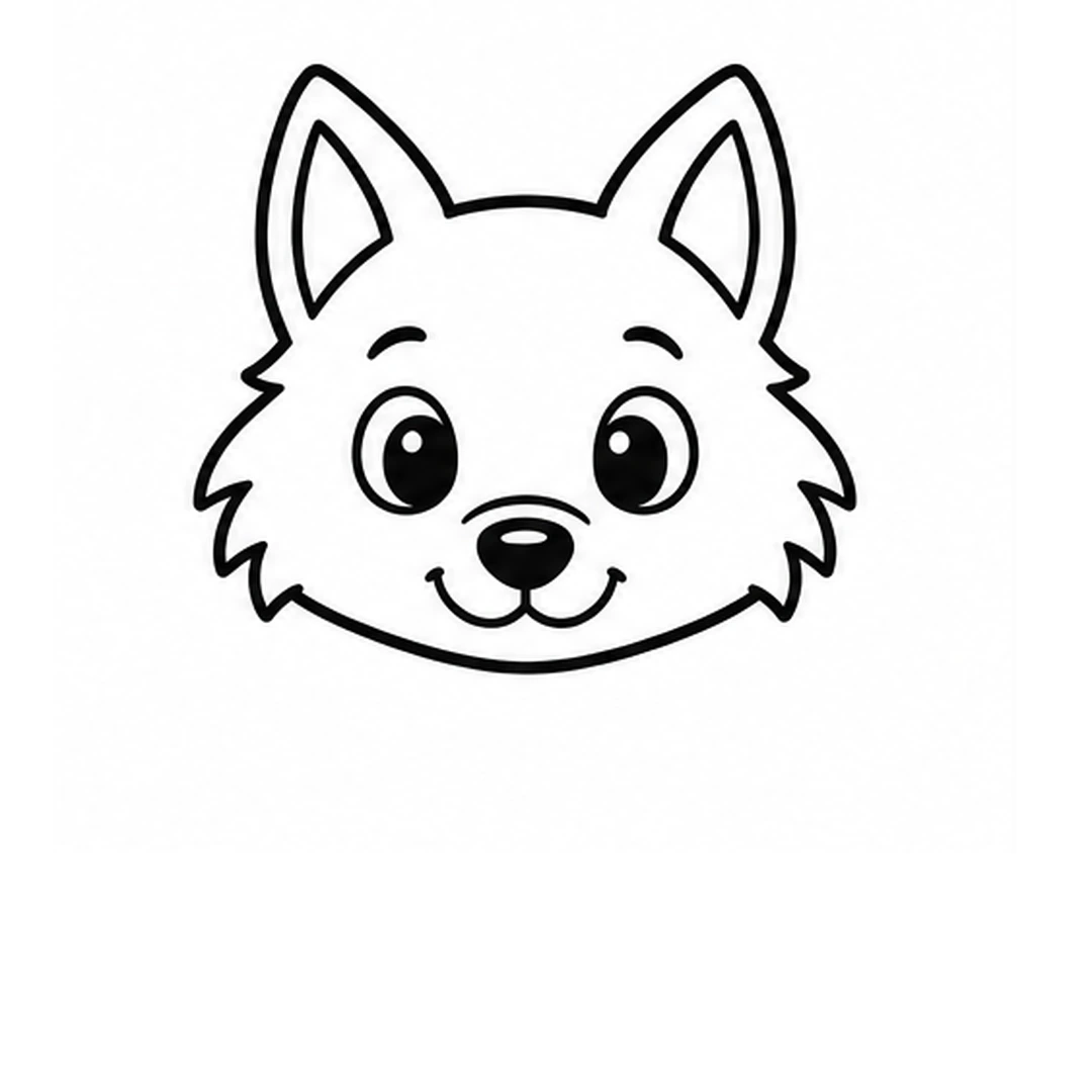 Two round eyes with shine dots and eyebrows, a curved line above a round nose, and a small smile