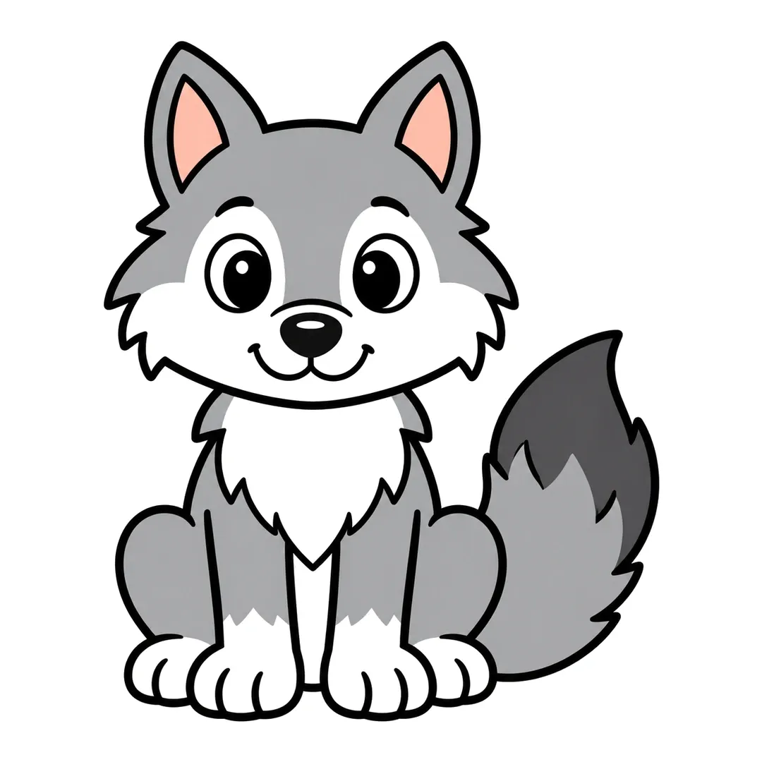 Finished cartoon wolf sitting, gray with a white muzzle, chest and paws, pink inner ears and a dark gray tail tip