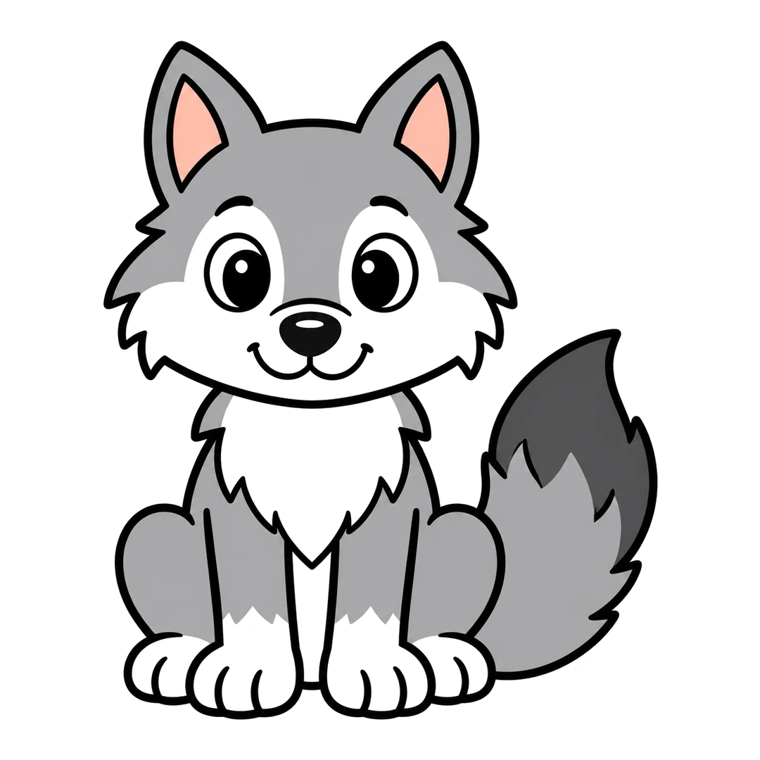 Finished cartoon wolf sitting, gray with a white muzzle, chest and paws, pink inner ears and a dark gray tail tip